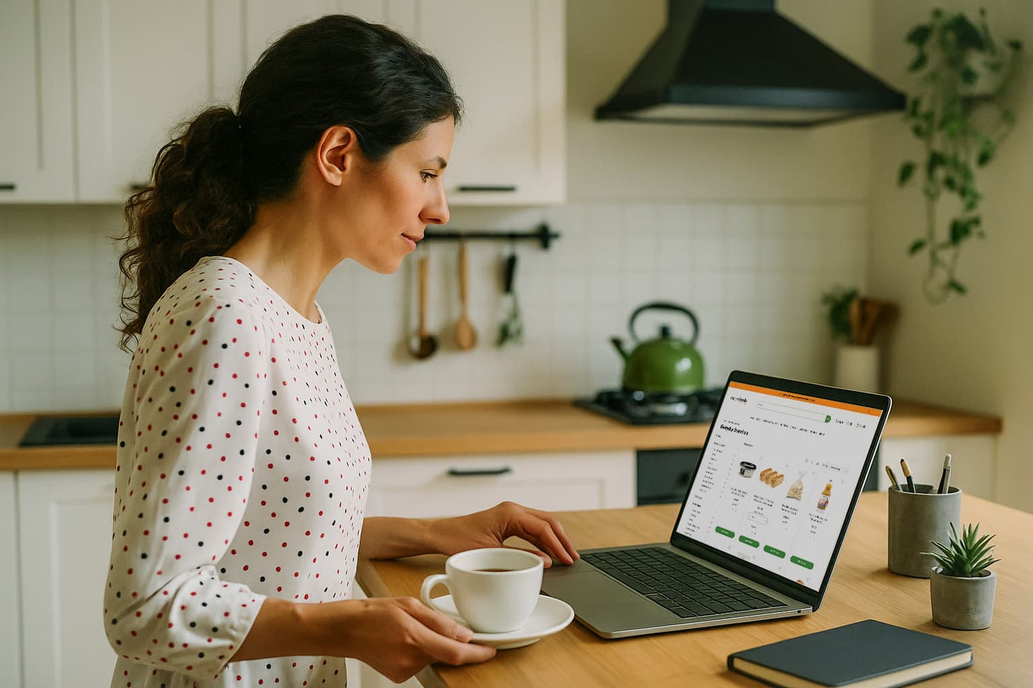 woman shopping for groceries online in kitchen at metro fresh findon
